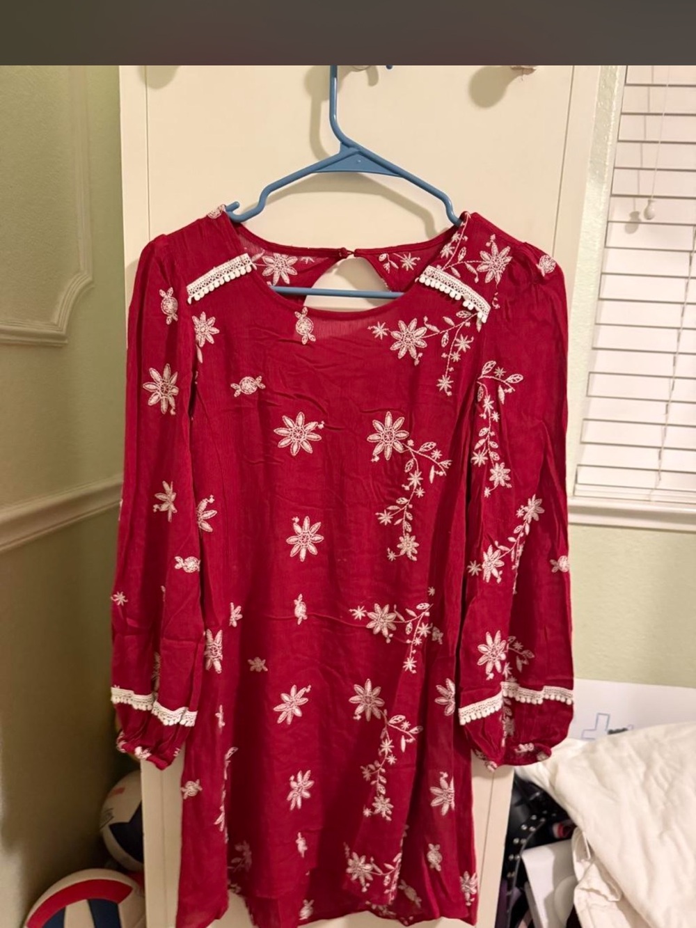 Hannah Red Embroidered Tunic with White Lace Trim